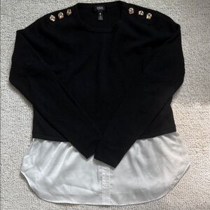 Aqua Cashmere Black Sweater with White Faux Undershirt and Gold Buttons
